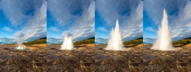 Geyser erupting in the stunning Golden Circle of Iceland, showcasing the natural beauty and geothermal activity of this iconic tourist route.